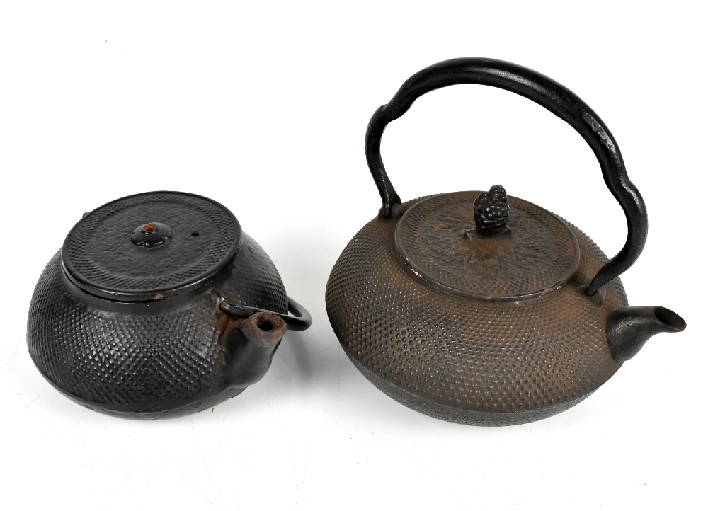 A Japanese cast iron teapot with fixed handle, the lid with pine cone finial, length 20cm, and a