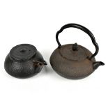 A Japanese cast iron teapot with fixed handle, the lid with pine cone finial, length 20cm, and a
