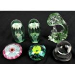 Six Victorian and later paperweights, including two dump examples, height 12cm, Murano example in