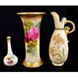 KITTY BLAKE FOR ROYAL WORCESTER; a trumpet vase painted with roses inside gilt border, green marks