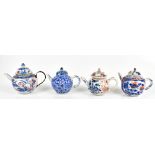 Three 18th century Chinese porcelain teapots in the Imari palette, each of bulbous form, height of