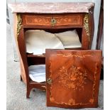 An early 20th century French kingwood and marquetry serpentine fronted marble top cabinet, with