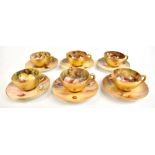 ROYAL WORCESTER; six hand painted cabinet cups and saucers decorated with fruit, various artists