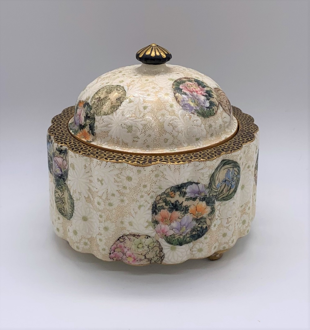 KINKOZAN; a Japanese Meiji period Satsuma kogo with moulded domed cover above floral decorated - Image 2 of 10