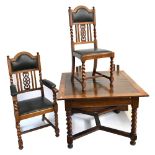 An early 20th century oak dining suite comprising draw leaf table and six dining chairs (5+1).