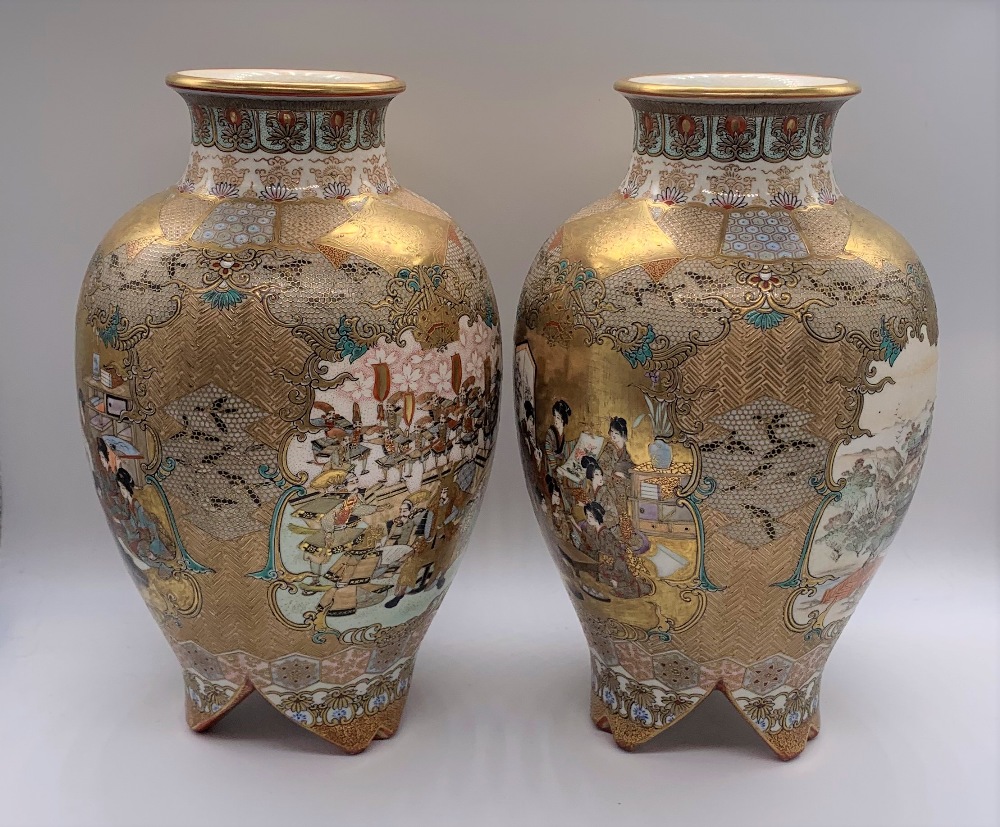 A pair of Japanese Meiji period Satsuma porcelain vases decorated with figures within a textured - Image 2 of 11