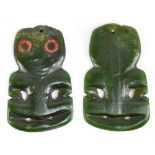 A rare 19th century Maori green stone hei tiki with red painted eyes, height 10.5cm, width at widest