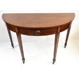 A late George III mahogany, satinwood detailed and boxwood strung demilune side table with single