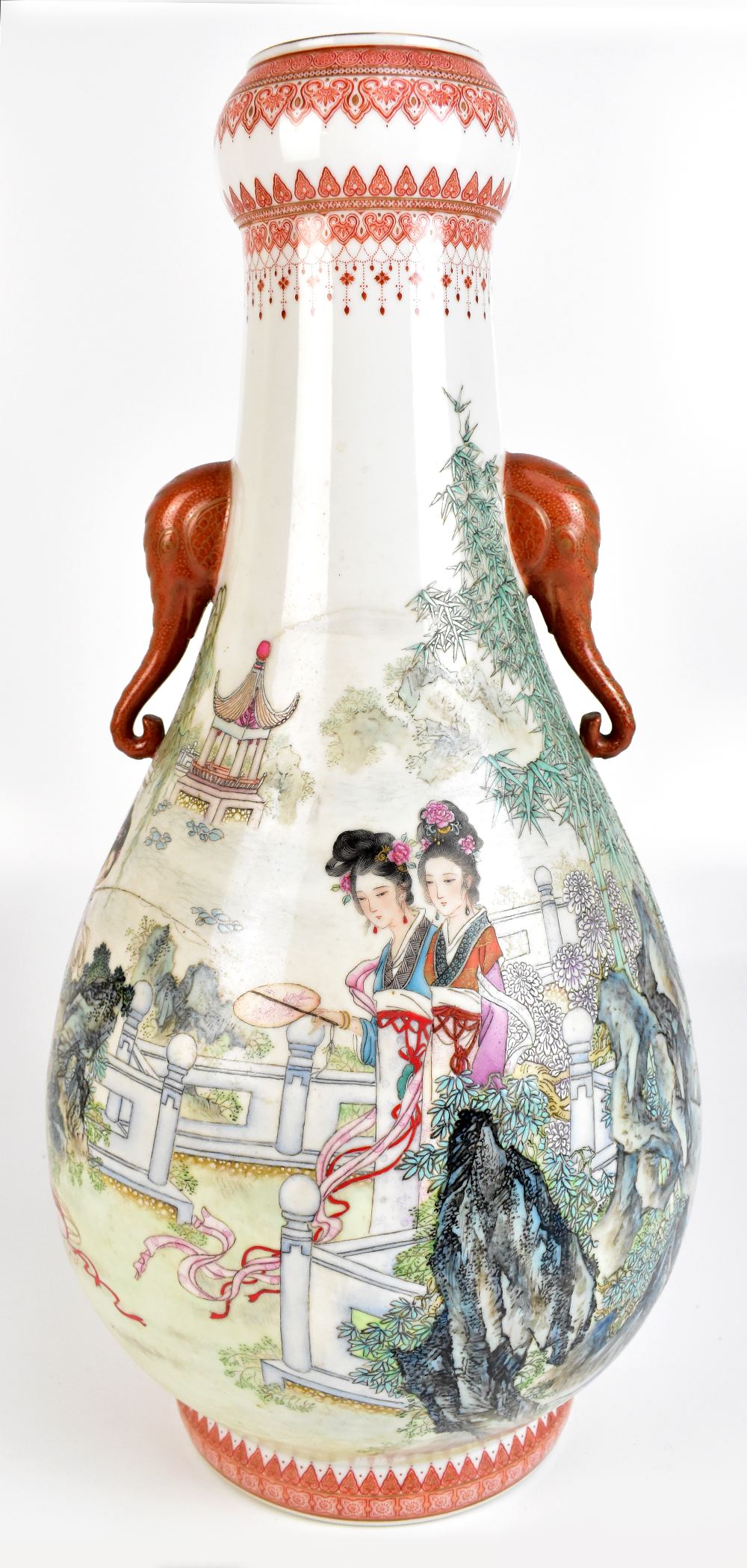 A good Chinese Republic period porcelain vase with onion bulb neck above twin elephant trunk moulded