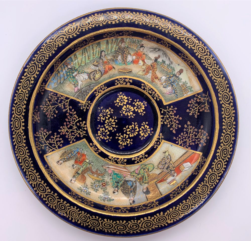 KINKOZAN; a Japanese Meiji period Satsuma cup and saucer decorated with panels of seated figures - Image 2 of 8