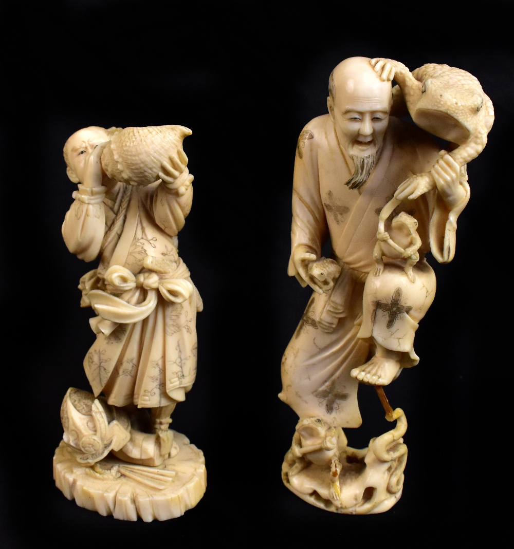 A Japanese Meiji period carved ivory okimono modelled as a warrior blowing into a conch shell with a
