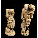 A Japanese Meiji period carved ivory okimono modelled as a warrior blowing into a conch shell with a