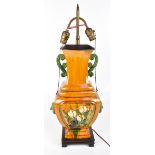 A Chinese earthenware Tang-style sancai glazed twin handled vase converted to a lamp, featuring