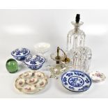 A group of ceramics including French floral decorated egg dish (af), two blue and white plates