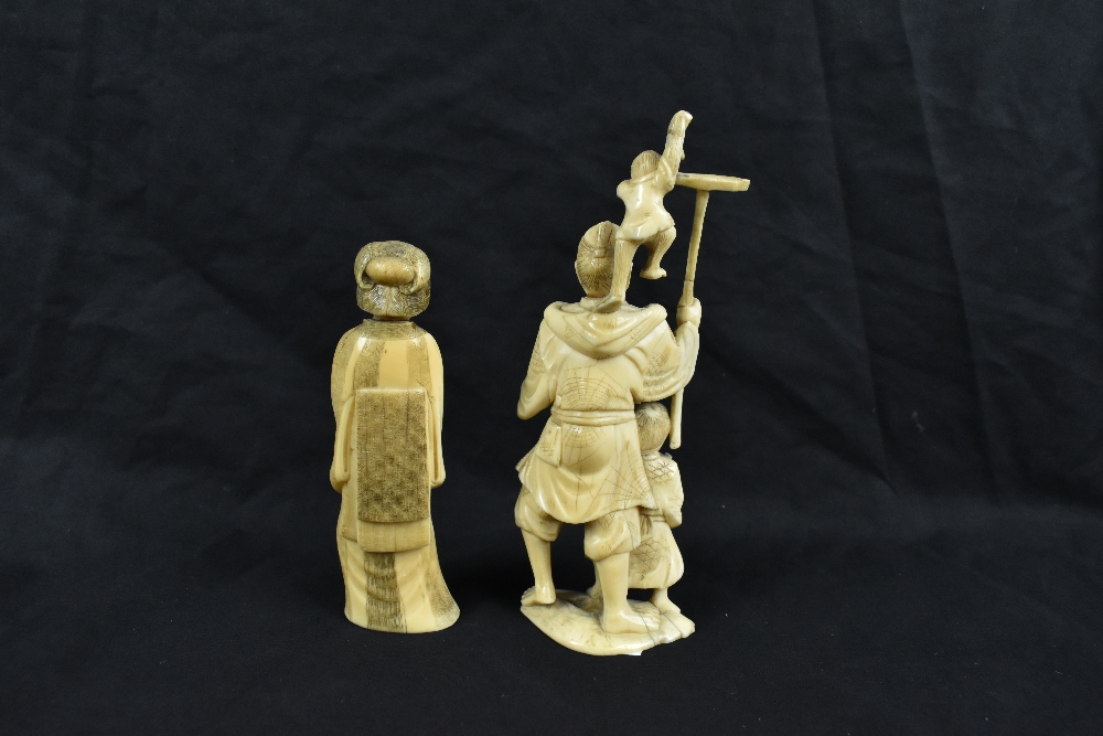 Two Japanese Meiji period carved ivory okimonos, the larger a group featuring man, child and monkey, - Image 2 of 5