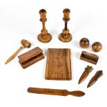 A group of predominantly Israeli olive wood items including a Hebrew prayer book, a pair of