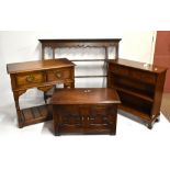 A reproduction oak low two door cabinet, width 81cm, a reproduction two drawer side table, width