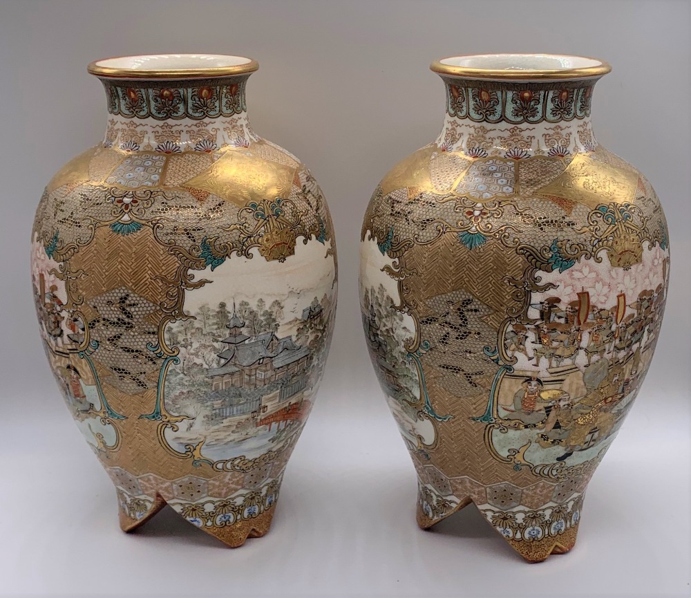 A pair of Japanese Meiji period Satsuma porcelain vases decorated with figures within a textured - Image 4 of 11