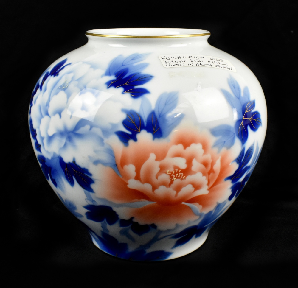 FUKAGAWA; a Japanese Arita porcelain vase with transferred and gilt heightened floral decoration,