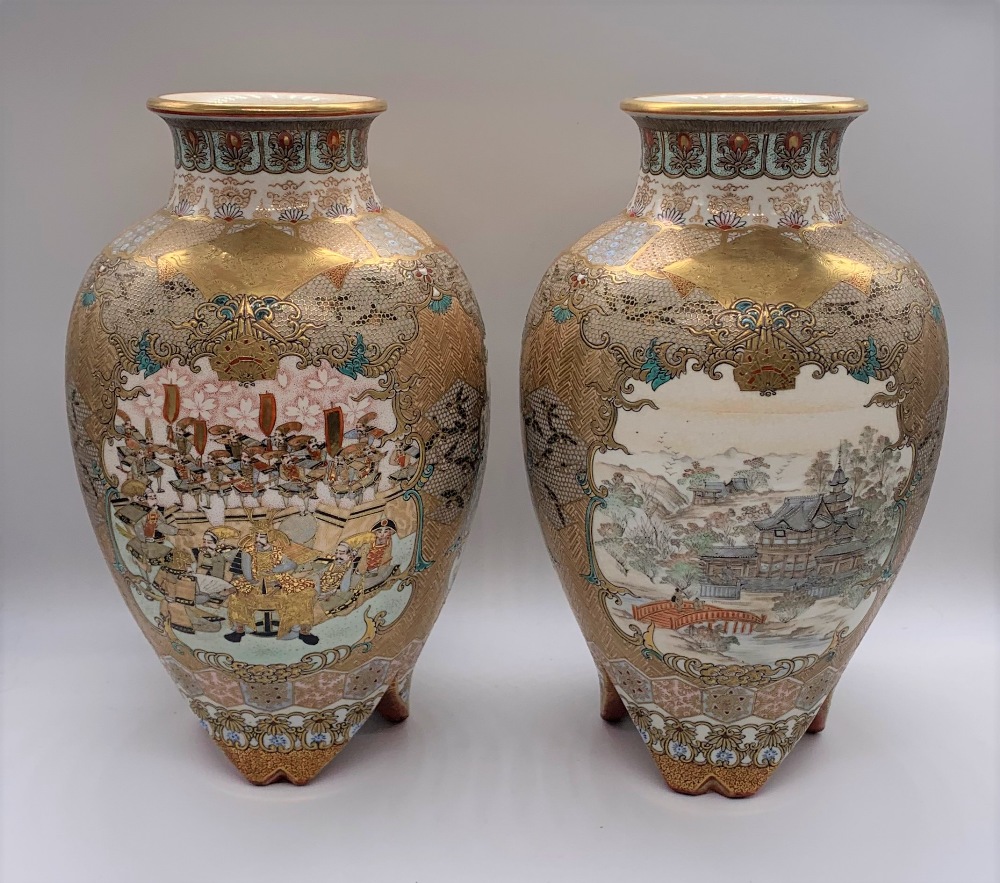 A pair of Japanese Meiji period Satsuma porcelain vases decorated with figures within a textured - Image 3 of 11