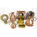 A quantity of metalware including Arts and Crafts inspired pieces, a copper haystack measure, a