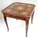 A reproduction Italian games table with simulated inlay, the top enclosing backgammon, chess and