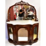 A Victorian figured walnut and satinwood inlaid mirror back credenza with serpentine white marble