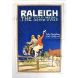 AFTER LEO CHENEY; an original Raleigh poster, 'The Gold Medal Motorcycle', 76 x 51cm, folded.