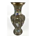 A large Japanese bronze vase with enamelled and relief floral and grape decoration and taotie