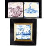 Three 18th century Delft tiles, including two blue and white examples, one decorated with windmill