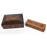 A Tunbridge ware box with cribbage board to hinged lid, 5.8 x 25.5 x 9cm, and an early 19th