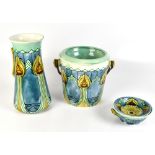 MINTON; an Art Nouveau floral tube line decorated jug, height 35cm, soap dish and pail, all with