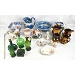 Two boxes of decorative ceramics and glass including a reproduction jug and bowl, copper lustre,