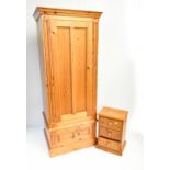 A modern pine single door wardrobe with drawer to base and matching three drawer bedside cabinet (
