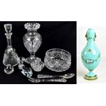 A small group of glassware including a decanter, cut glass vase, floral painted green glass vase,