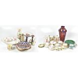A quantity of decorative ceramics including a large Cauldon clobbered vase, matching pair of