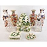 MASONS; five pieces of Chartreuse ware including ginger jar with cover and jug, also a silver