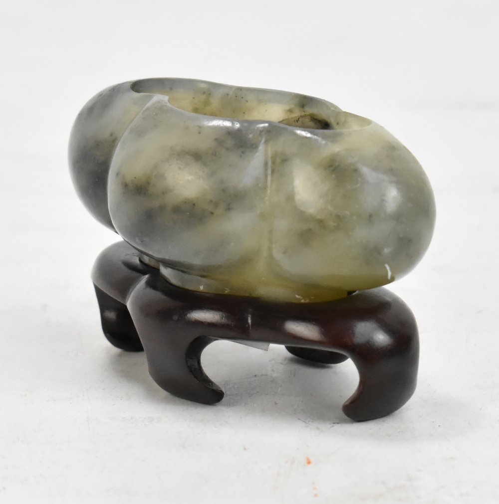 A Chinese polished hardstone quatrilobed brush washer, raised on shaped wooden stand, length 8cm, - Image 8 of 8