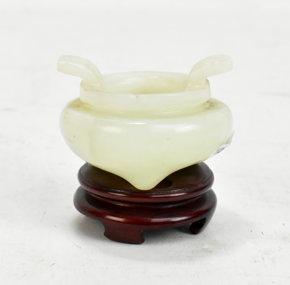 A Chinese polished hardstone quatrilobed brush washer, raised on shaped wooden stand, length 8cm, - Image 2 of 8