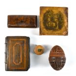 A small group of treen comprising snuff box, width 7.5cm, tape measure (af), a carved and pierced