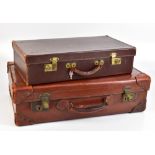 Two vintage stitched leather suitcases, the larger with initials 'RH', 36 x 61.5cm excluding handle,