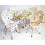 A modern white painted cast aluminium circular garden table with four chairs, diameter of table