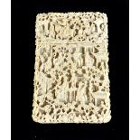 An early to mid-19th century Chinese Canton carved ivory card case with exquisite detail of