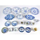 A group of 19th century transfer decorated blue and white ceramic tableware, including sauceboats,