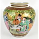 A large Japanese porcelain vase painted with scholars admiring a painting in bamboo grove setting,
