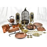 A group of metalware including a pair of brass girandoles, copper kettle, reproduction bird cage,