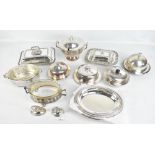 A group of silver plated entrée dishes and lidded muffin dishes, to include Walker & Hall entrée