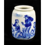 A miniature Chinese blue and white painted cylindrical porcelain brush pot decorated with two