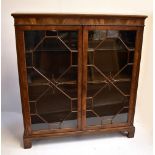 A mahogany bookcase with twin astragal glazed doors enclosing adjustable shelves, raised on