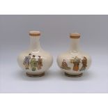 A pair of miniature Japanese Meiji period Satsuma bottle vases, sparsely decorated with figures,